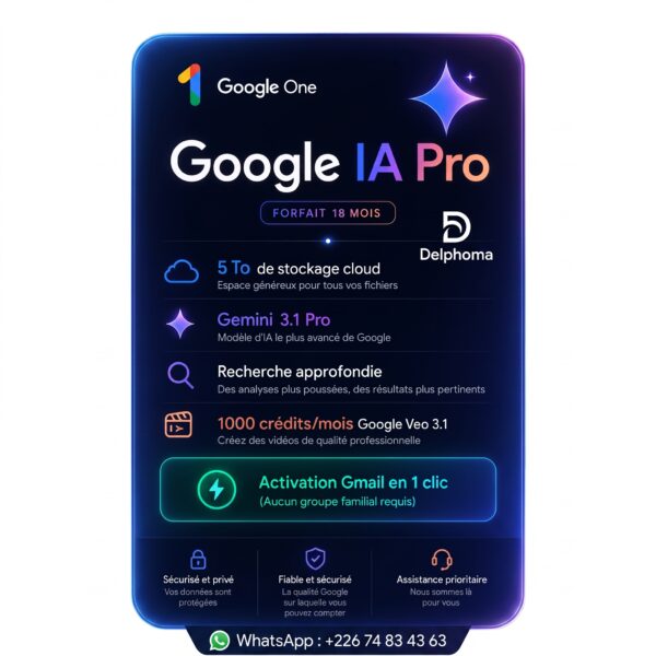 Google AI Pro — 5To, Gemini Advanced, Écosystème Google — 18 mois